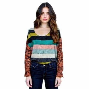 Umgee Striped Scoop Neck Floral Lace Sleeve Multi Colored Top S
